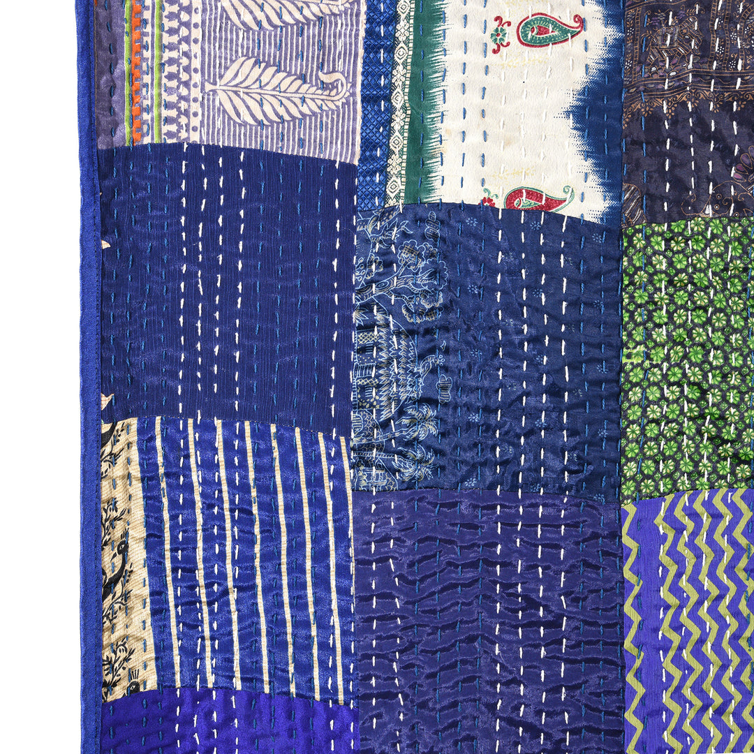 Kingsize Blue Patola Sari Bedcover -Silk & Cotton | Indigo Antiques