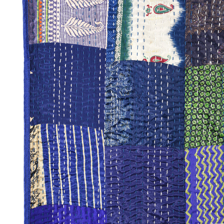 Kingsize Blue Patola Sari Bedcover -Silk & Cotton | Indigo Antiques