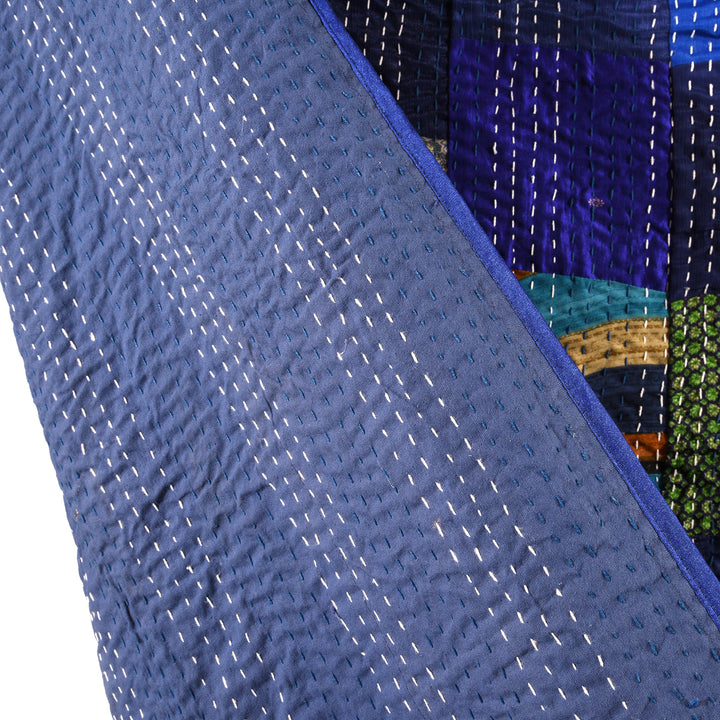 Kingsize Blue Patola Sari Bedcover -Silk & Cotton | Indigo Antiques