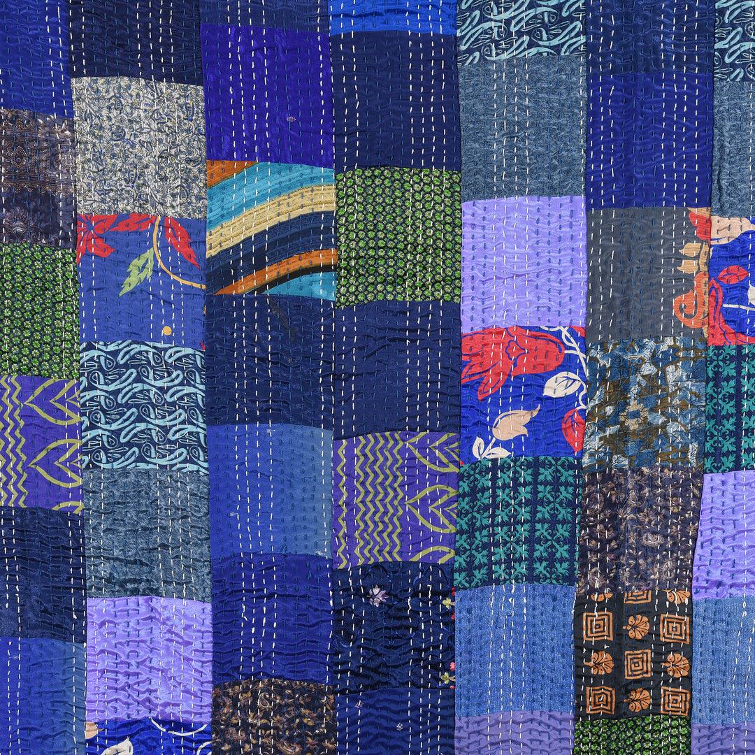 Kingsize Blue Patola Sari Bedcover -Silk & Cotton | Indigo Antiques