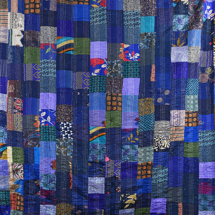Kingsize Blue Patola Sari Bedcover -Silk & Cotton | Indigo Antiques