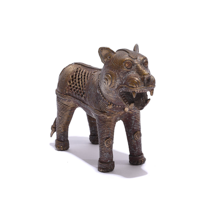 Angled View Of Brass Dokra Work Tiger From Orissa | Indigo Antiques