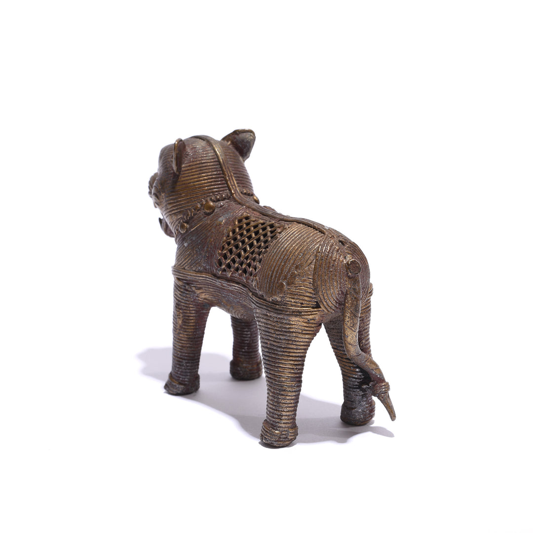 Reverse Angled View Of Brass Dokra Work Tiger From Orissa | Indigo Antiques