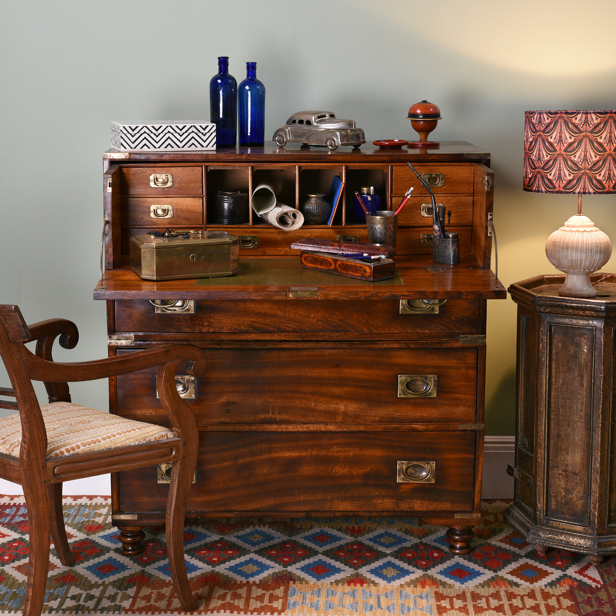 Anglo Indian Interior and Secretaire Chest With Regency Brass Handles & Regency Chair. 