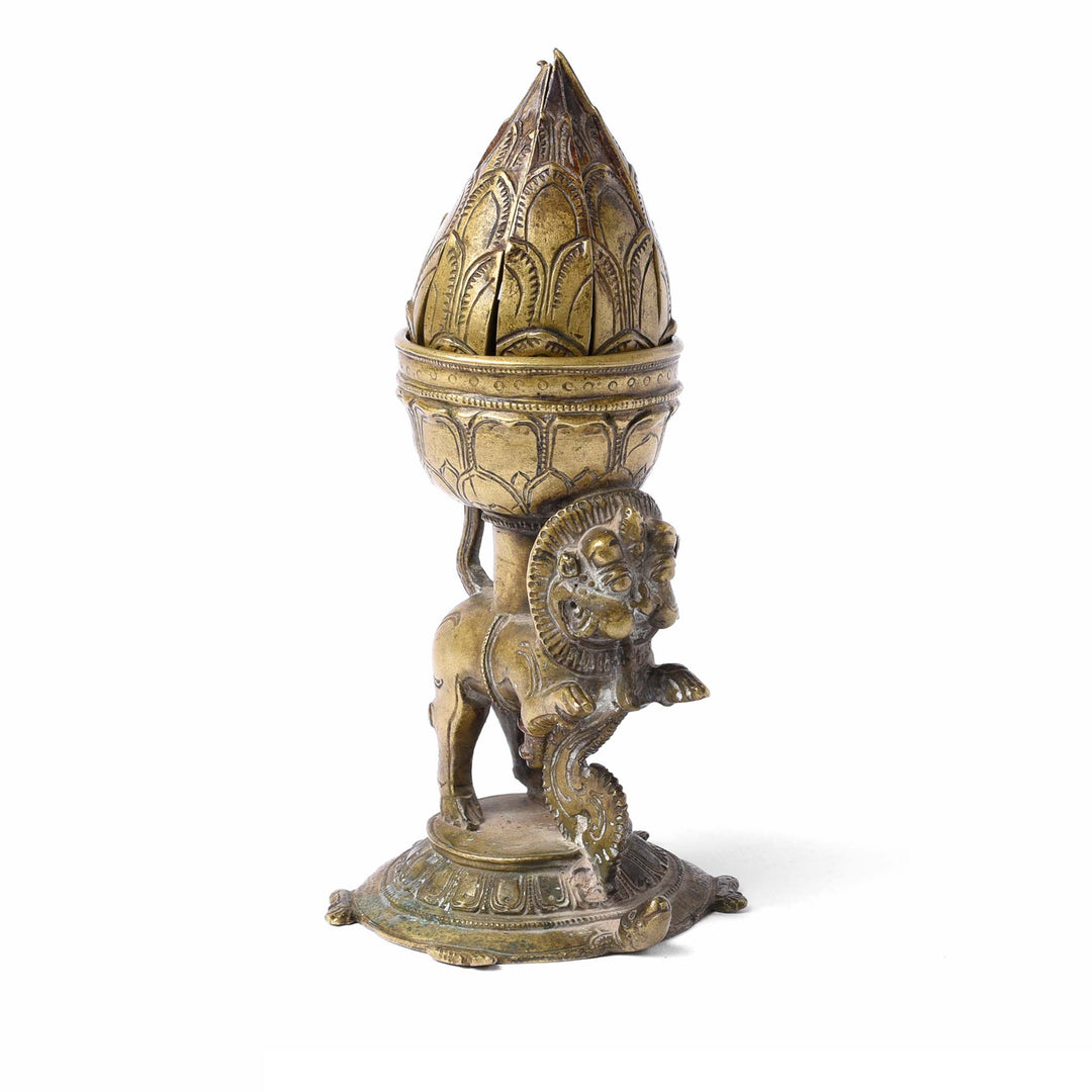 Angled View Of Brass Lotus Bud Lamp from South India - 19thC | Indigo Antiques