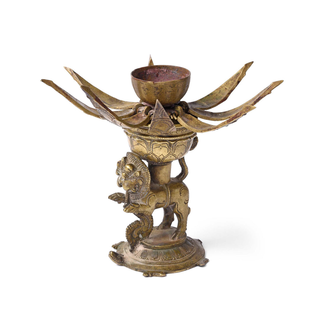 Open View Of Brass Lotus Bud Lamp from South India - 19thC | Indigo Antiques
