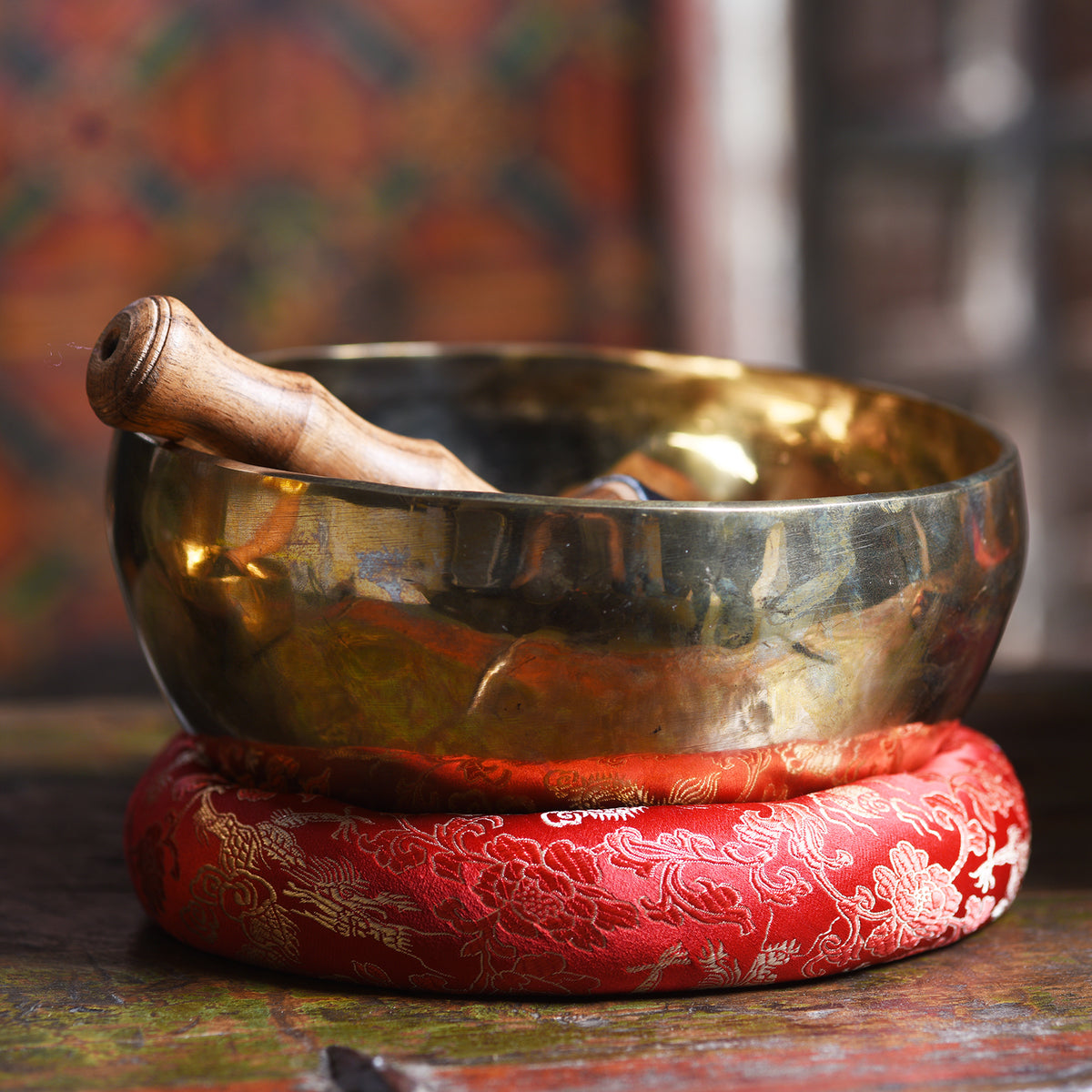Tibetan Singing Bowl &amp; Beater With Brocade Ring | Indigo Antiques