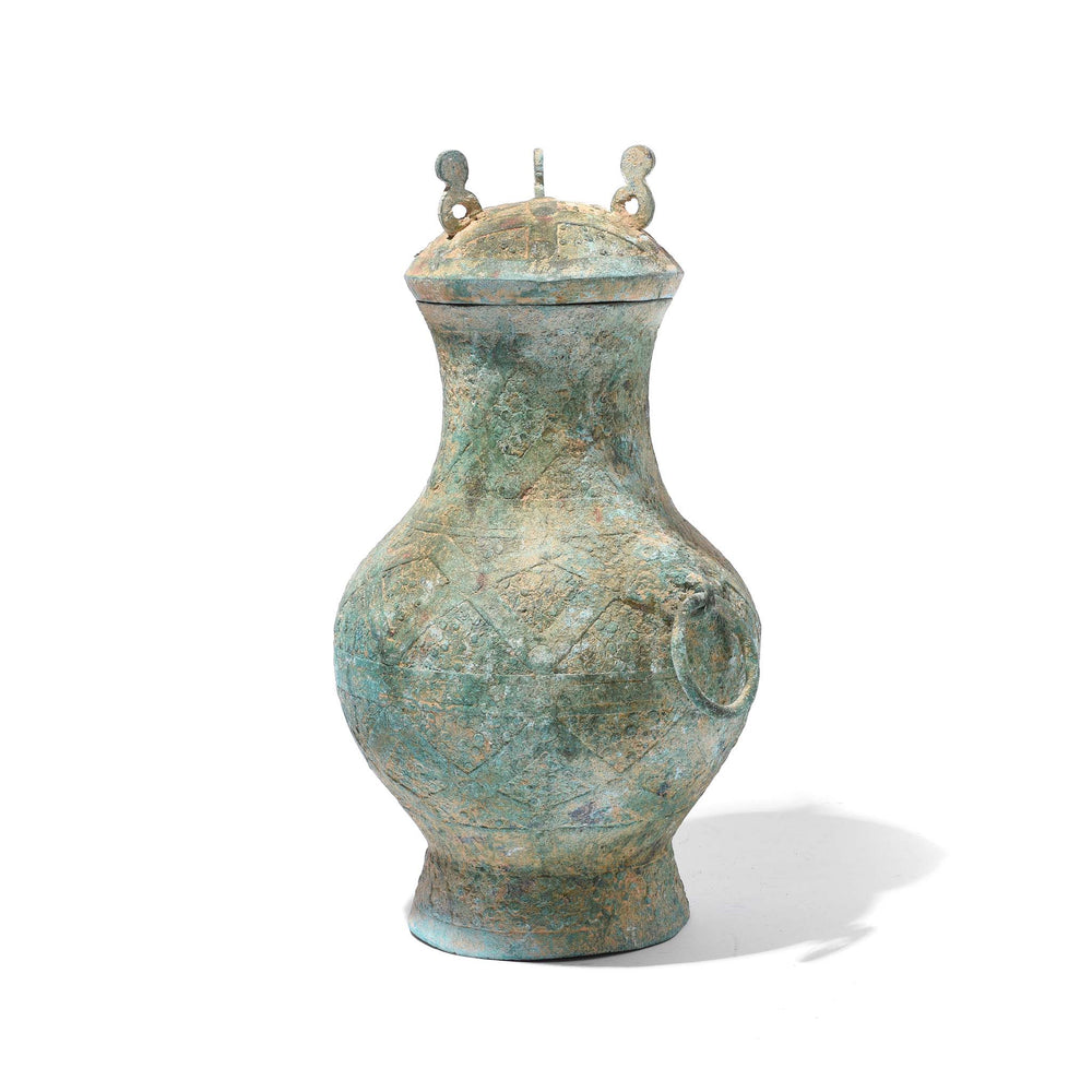 Angled View Of Reproduction Verdigris Bronze Vessel - Han Dynasty Style | Indigo Antiques
