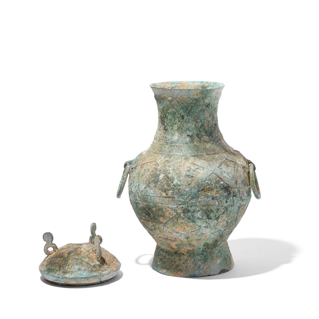 Lid Off View Of Reproduction Verdigris Bronze Vessel - Han Dynasty Style | Indigo Antiques