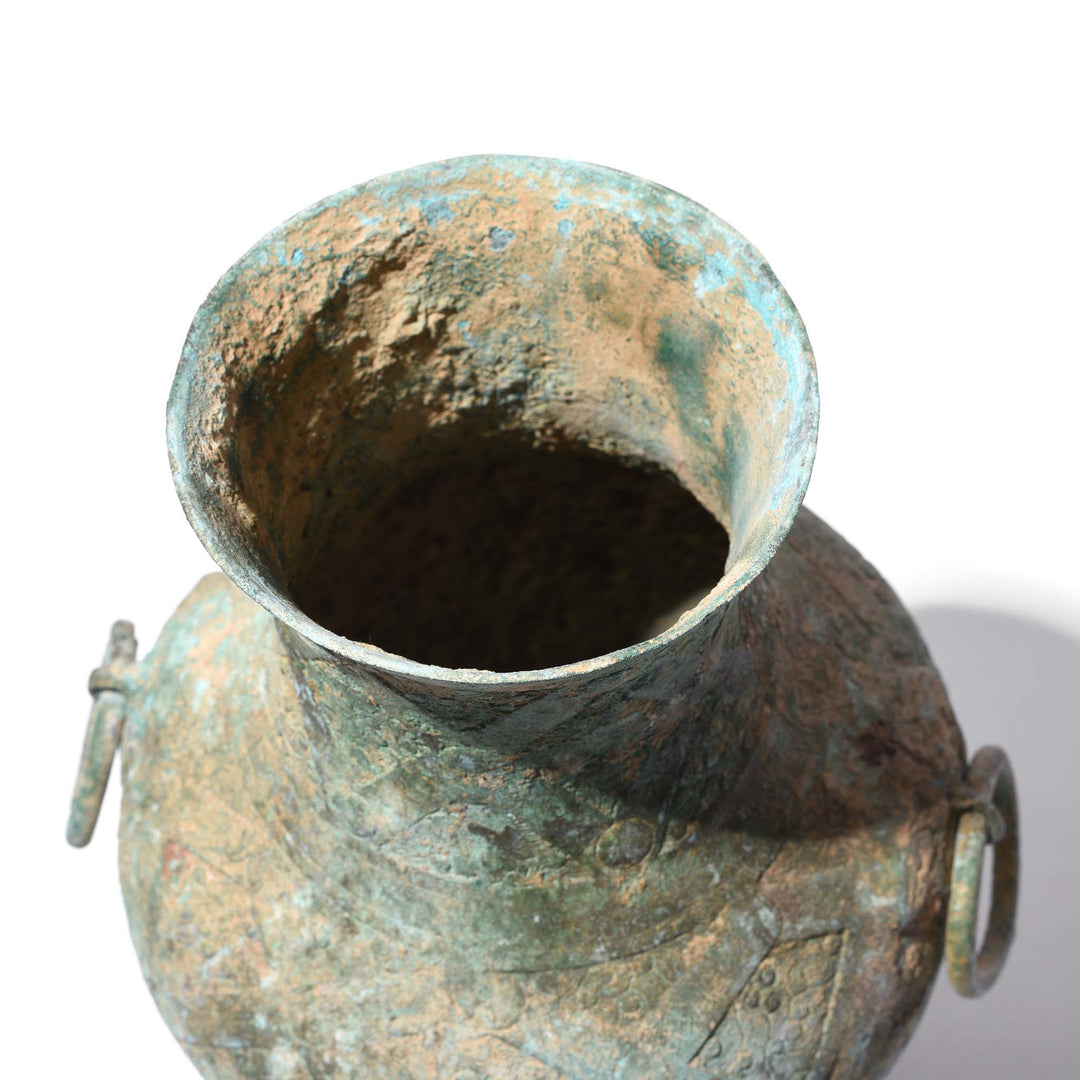 Top Down View Of Reproduction Verdigris Bronze Vessel - Han Dynasty Style | Indigo Antiques