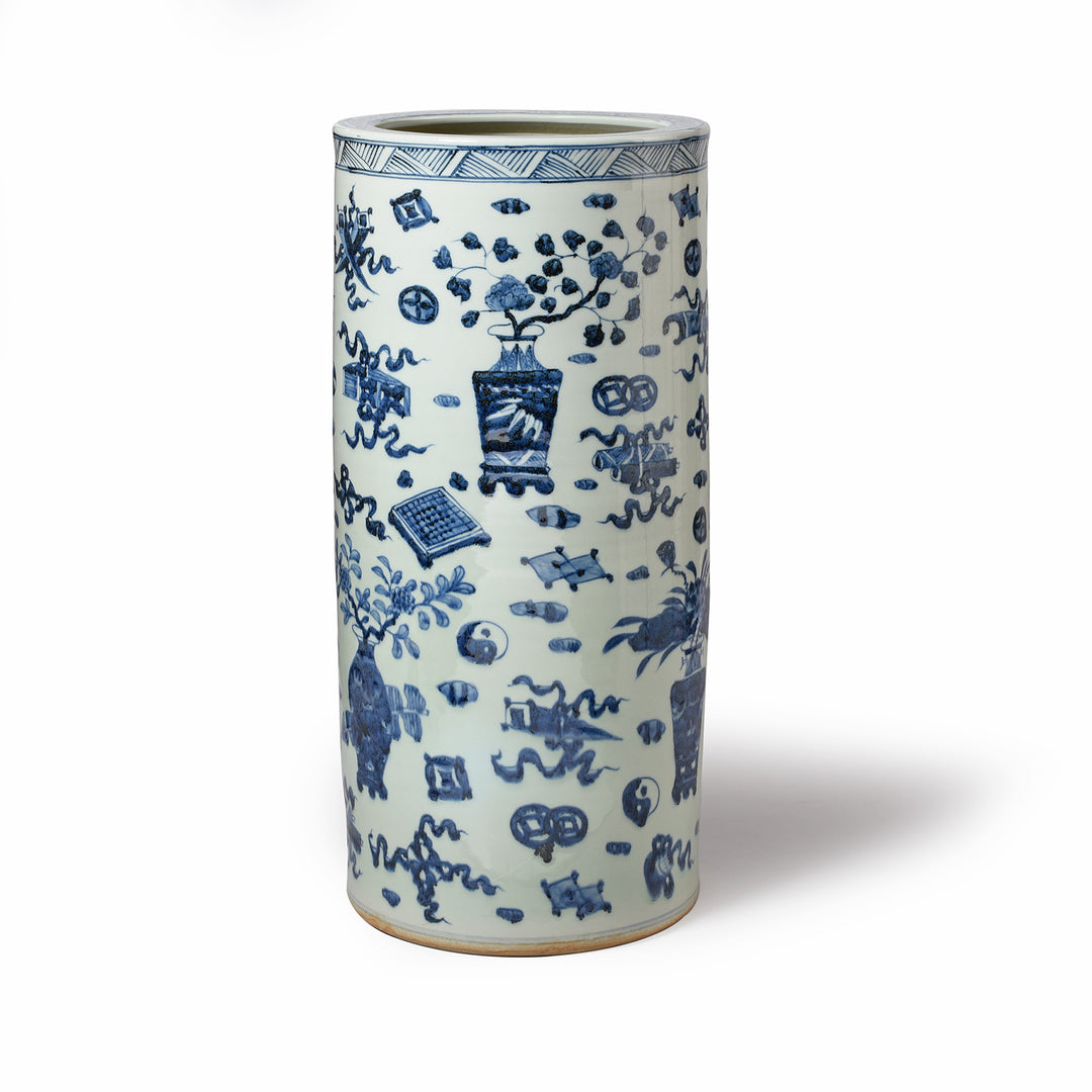 Blue & White Porcelain Umbrella Stand - Lucky Symbols | Indigo Antiques