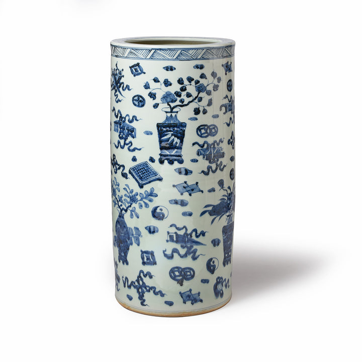 Blue & White Porcelain Umbrella Stand - Lucky Symbols | Indigo Antiques