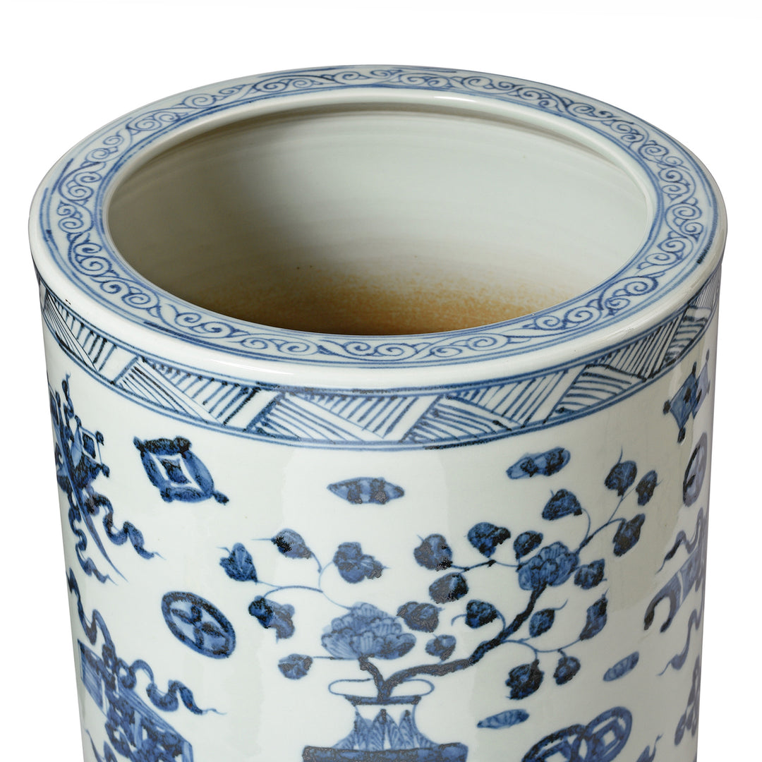 Blue & White Porcelain Umbrella Stand - Lucky Symbols | Indigo Antiques