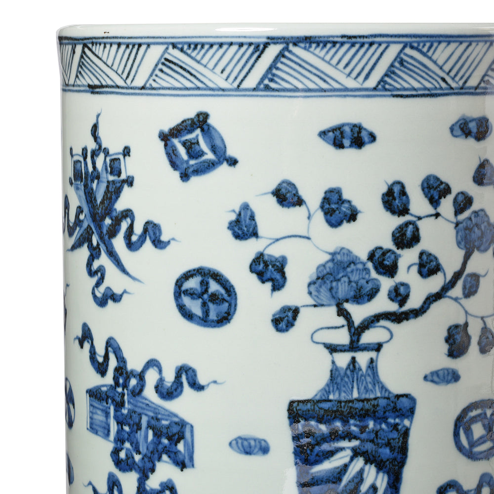 Blue & White Porcelain Umbrella Stand - Lucky Symbols | Indigo Antiques