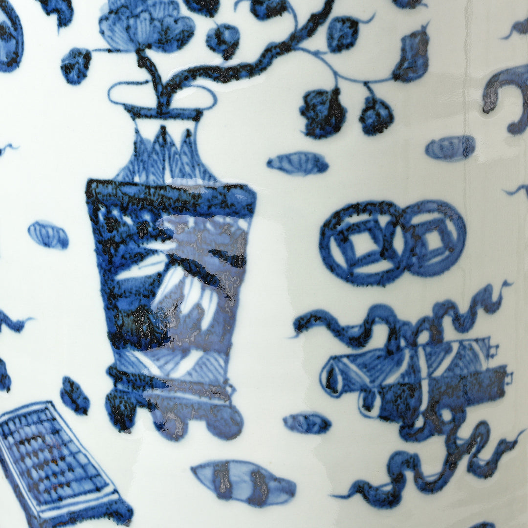 Blue & White Porcelain Umbrella Stand - Lucky Symbols | Indigo Antiques