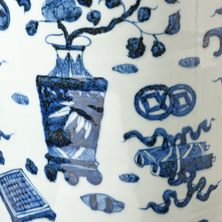 Blue & White Porcelain Umbrella Stand - Lucky Symbols | Indigo Antiques