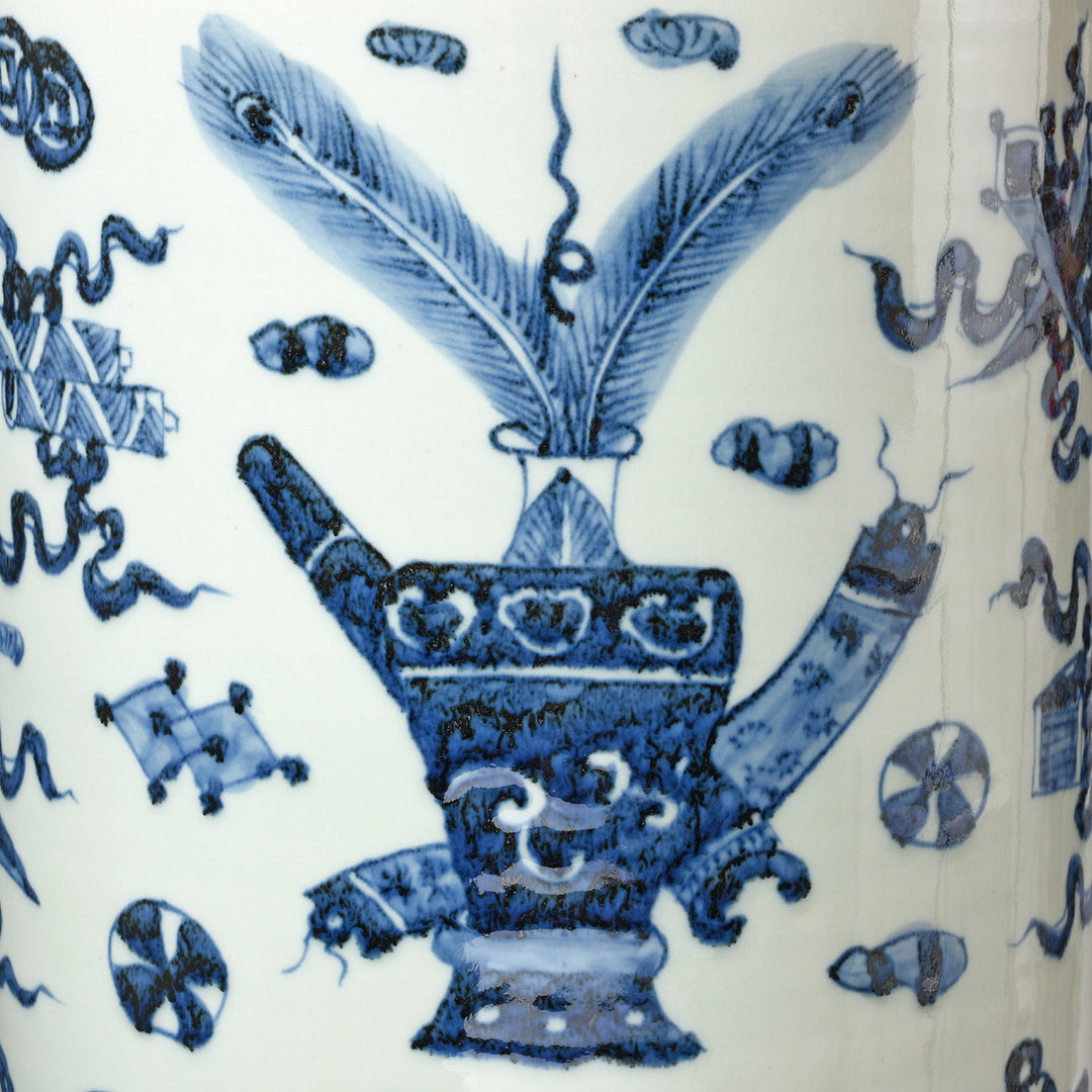 Blue & White Porcelain Umbrella Stand - Lucky Symbols | Indigo Antiques