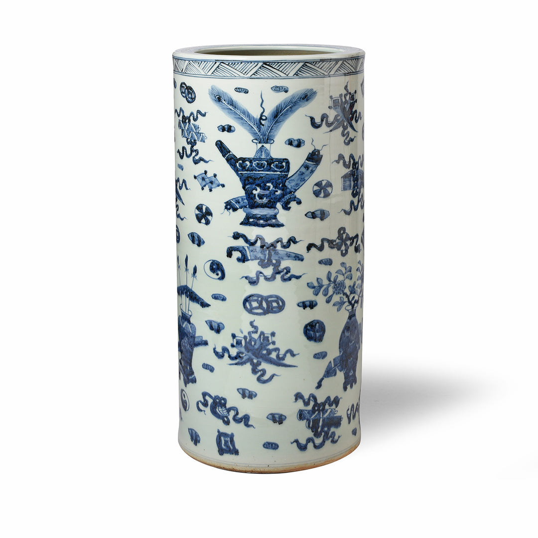Blue & White Porcelain Umbrella Stand - Lucky Symbols | Indigo Antiques
