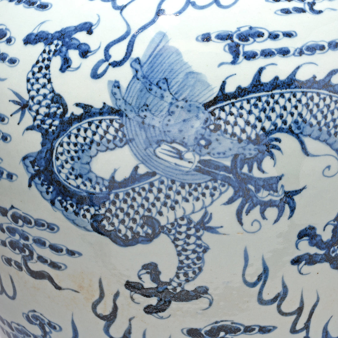 Dragon detail from a Reproduction Chinese Blue & White Porcelain Dragon Vase | Indigo Antiques