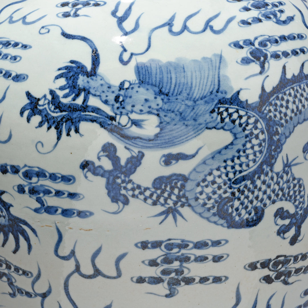 Dragon detail from a Reproduction Chinese Blue & White Porcelain Dragon Vase | Indigo Antiques