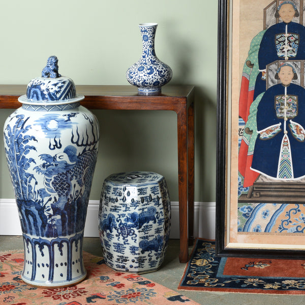 Blue & White Porcelain Tall Temple Jar & Cover - Qilin