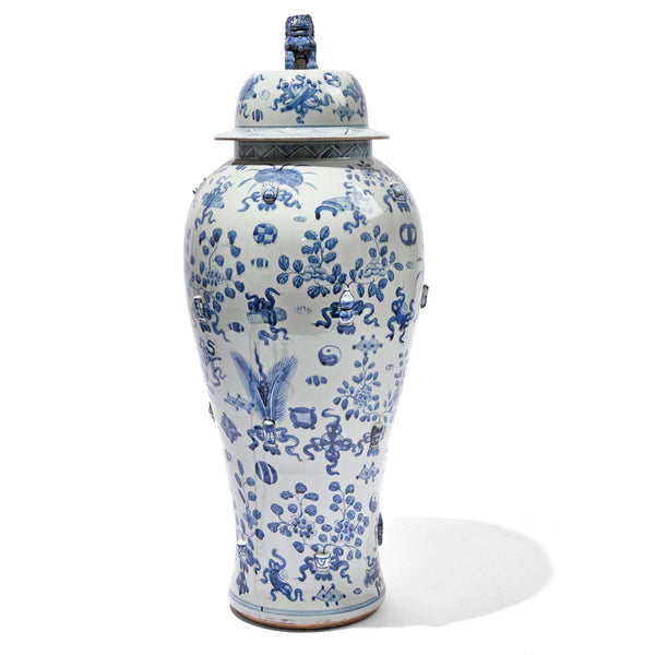 Blue & White Porcelain Tall Temple Jar & Cover