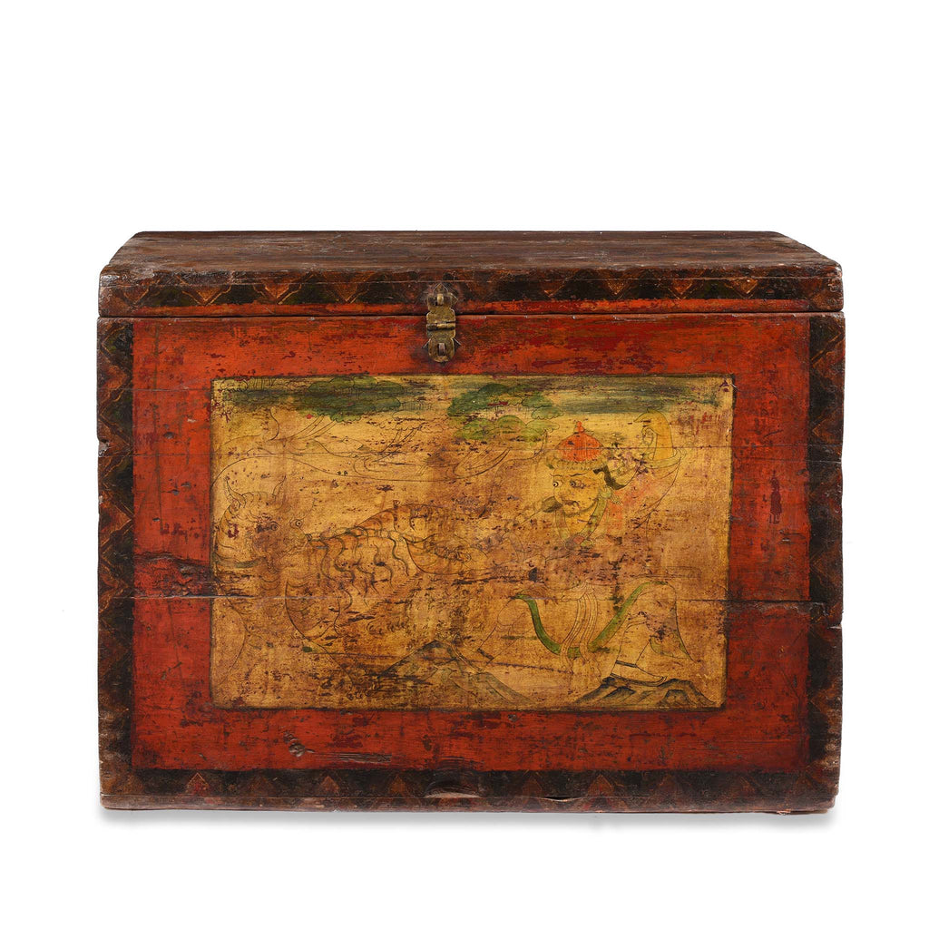 Tibetan Painted Chest of Güsh Khaan With Tiger - Late 18thC