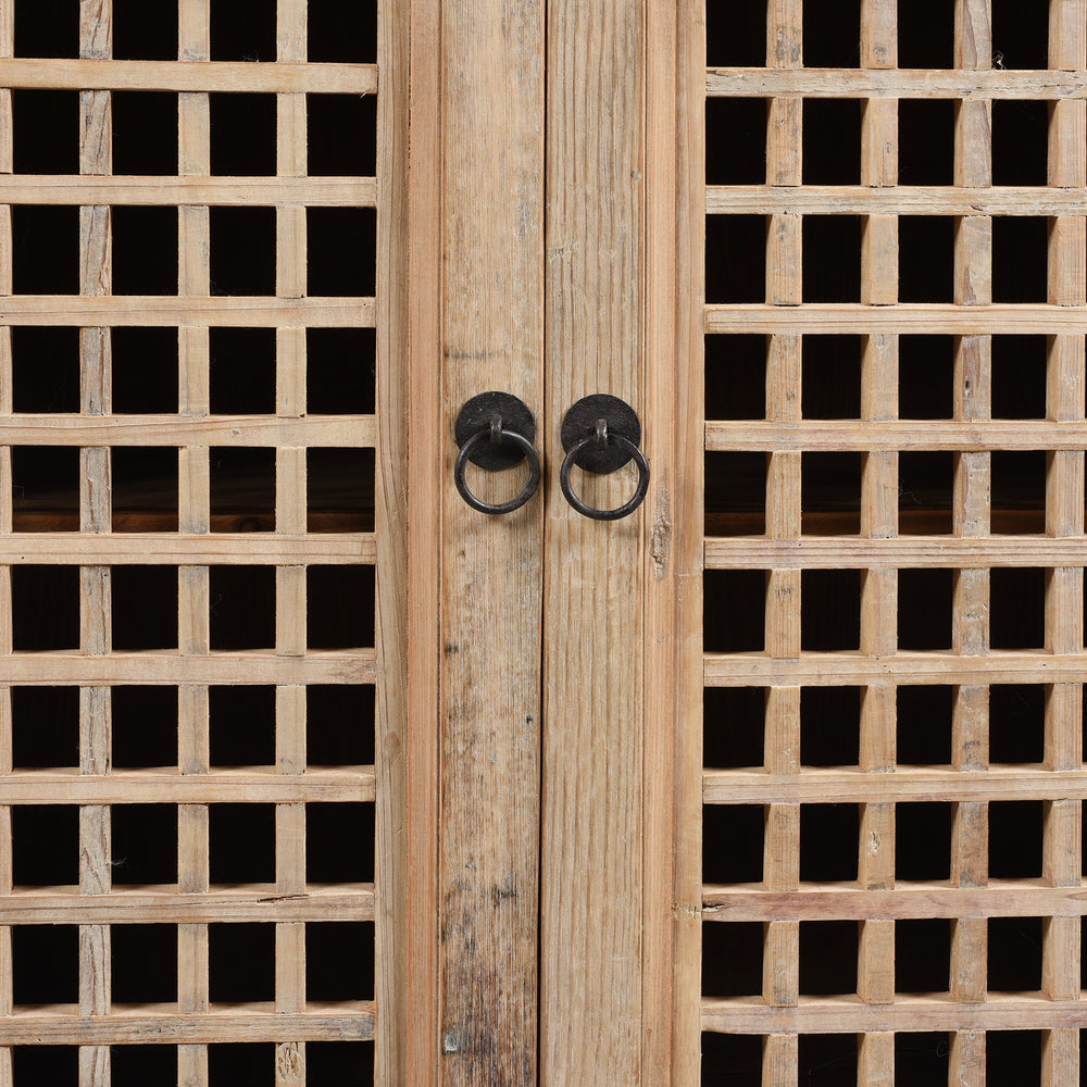 Handle Detail From Reclaimed Pine Noodle Side Cabinet with Lattice Door - Country Style | Indigo Antiques