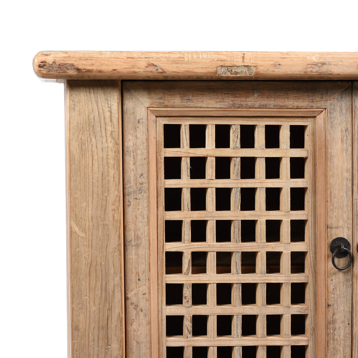 Corner Detail From Reclaimed Pine Noodle Side Cabinet with Lattice Door - Country Style | Indigo Antiques