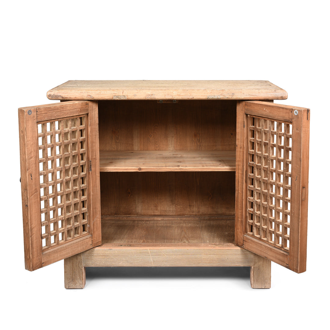 Open Doors View Of Reclaimed Pine Noodle Side Cabinet with Lattice Door - Country Style | Indigo Antiques