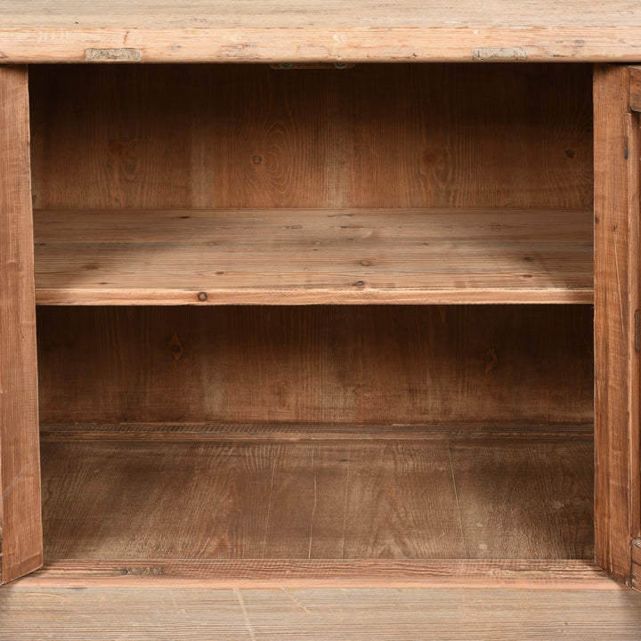 Interior View Of Reclaimed Pine Noodle Side Cabinet with Lattice Door - Country Style | Indigo Antiques