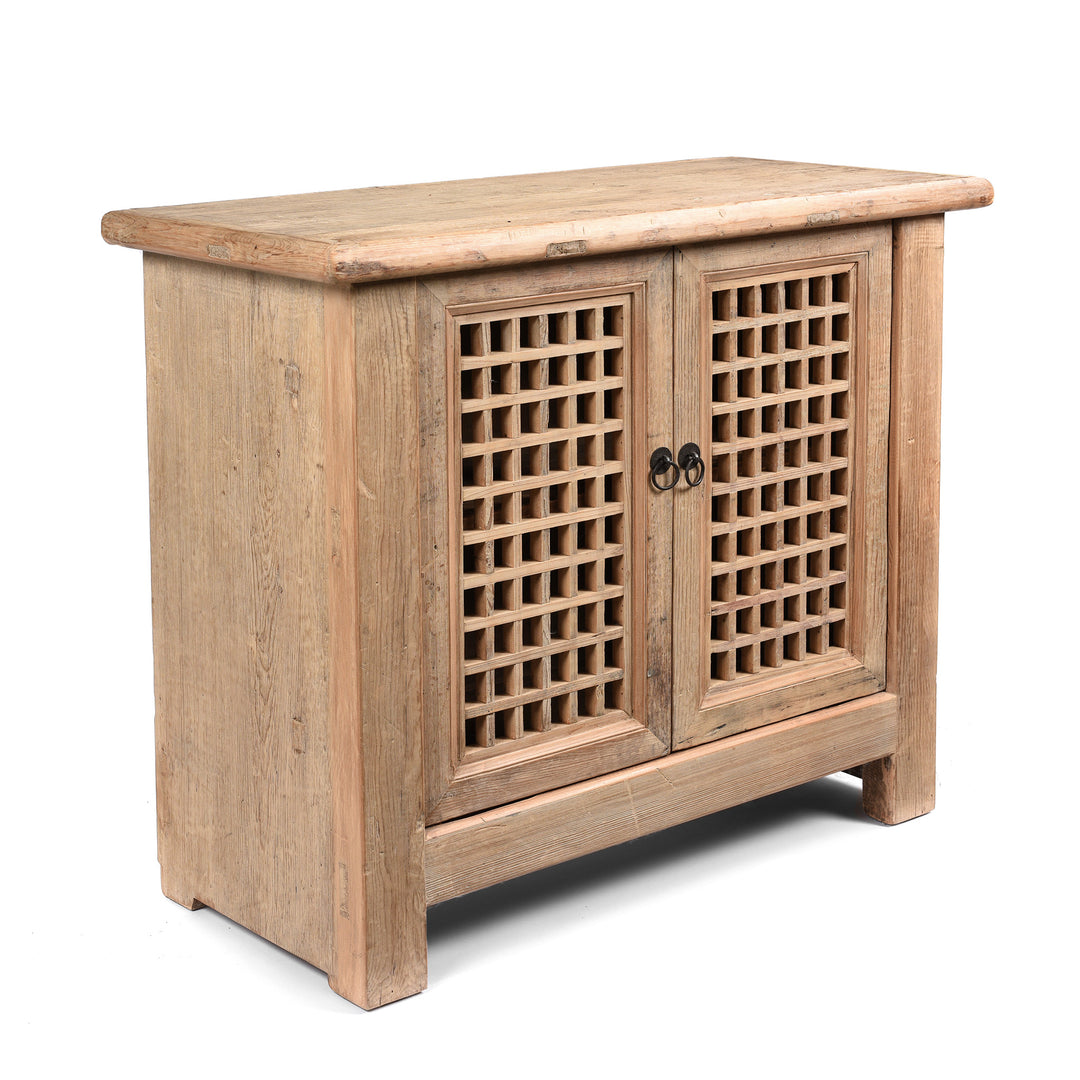 Angled View Of Reclaimed Pine Noodle Side Cabinet with Lattice Door - Country Style | Indigo Antiques