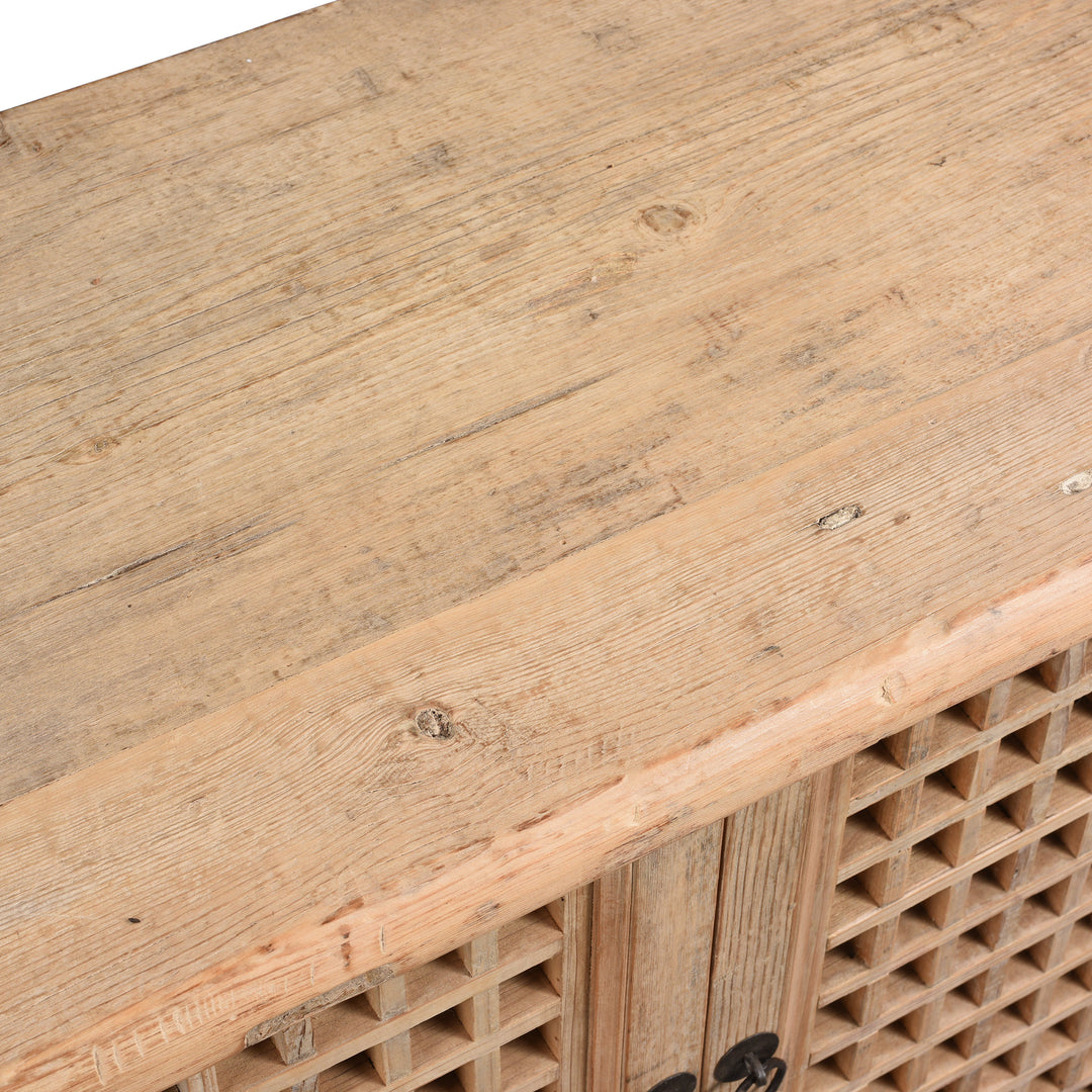 Surface Of Reclaimed Pine Noodle Side Cabinet with Lattice Door - Country Style | Indigo Antiques