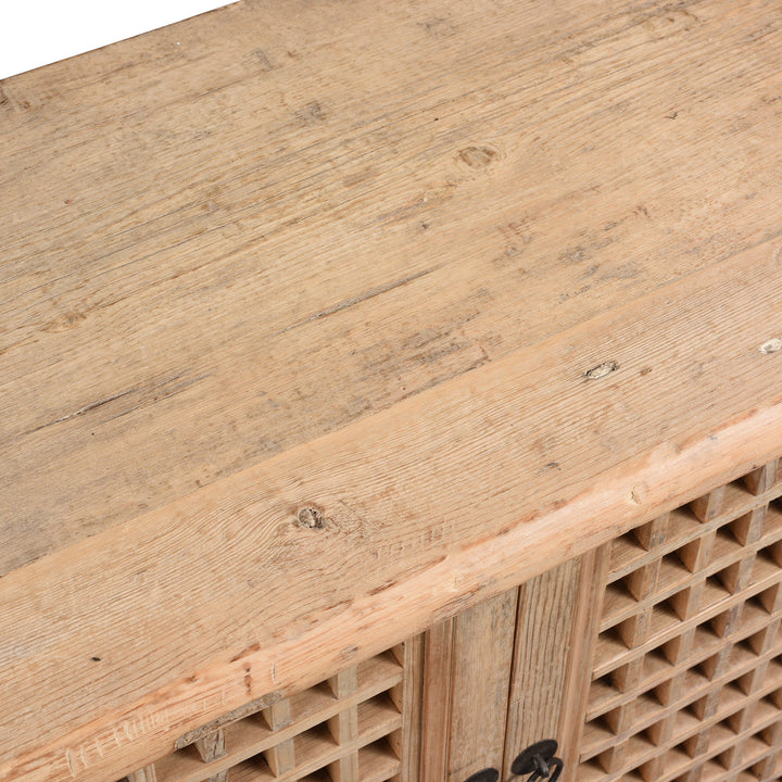 Surface Of Reclaimed Pine Noodle Side Cabinet with Lattice Door - Country Style | Indigo Antiques