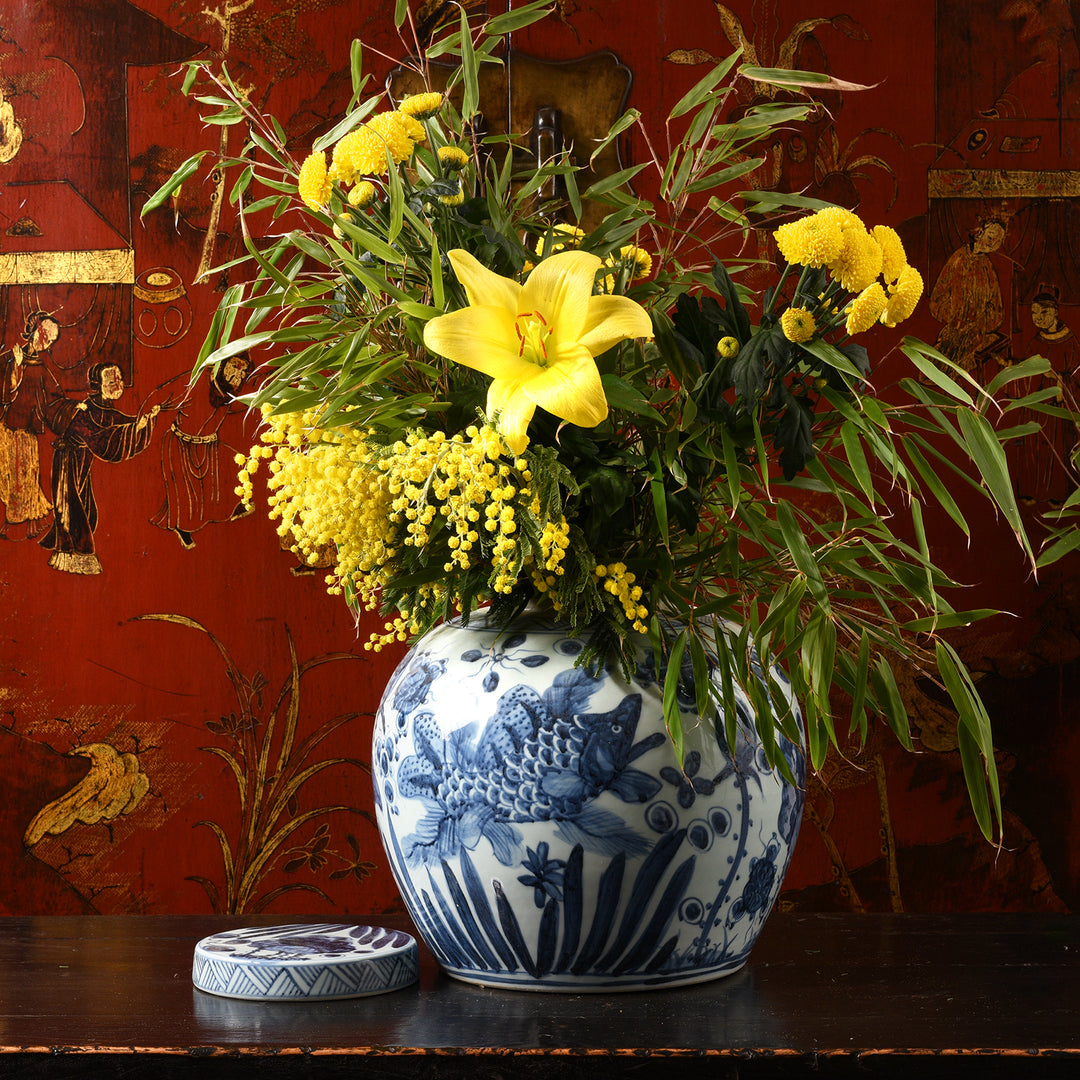 Blue & White Porcelain Ginger Jar - Fish Design