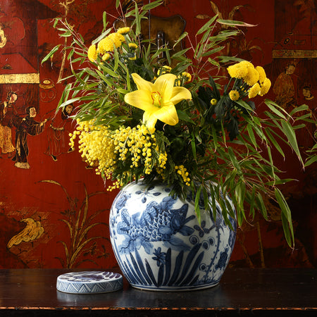 Blue & White Porcelain Ginger Jar - Fish Design