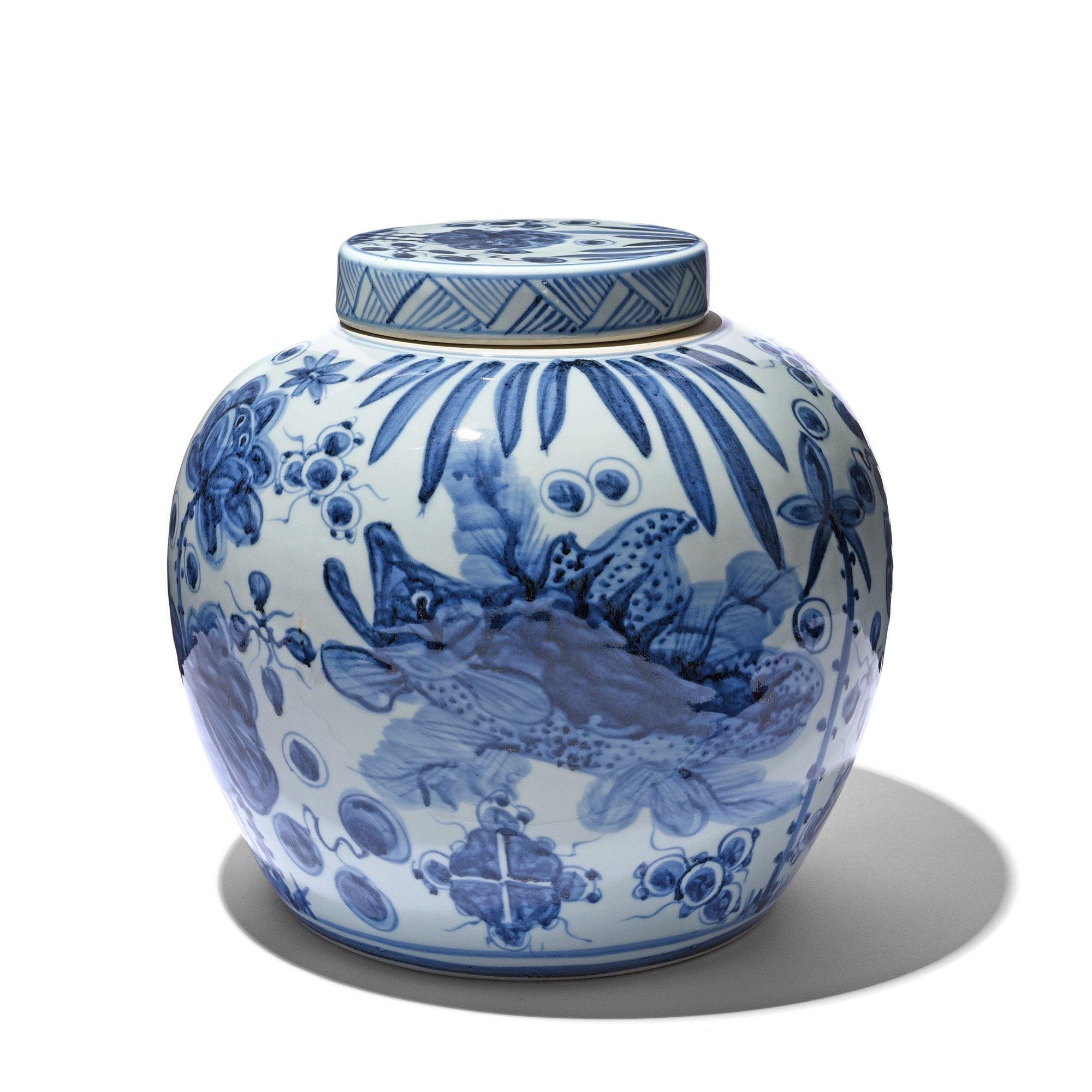 Blue & White Porcelain Ginger Jar - Fish Design | Indigo Antiques