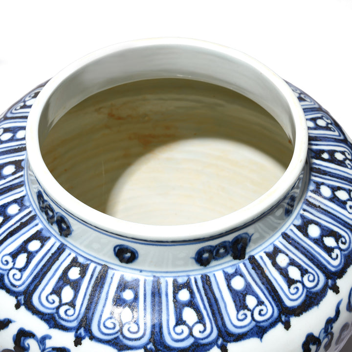 Top Down View Of Blue & White Porcelain Jardinière - Trailing Leaf Design | Indigo Antiques