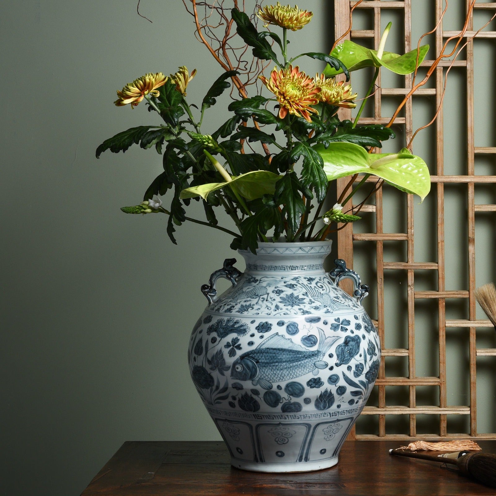 Reproduction Chinese Blue & White Ming Style Fish Vase Wine Jar | Chinese Interior Style | Indigo Antiques