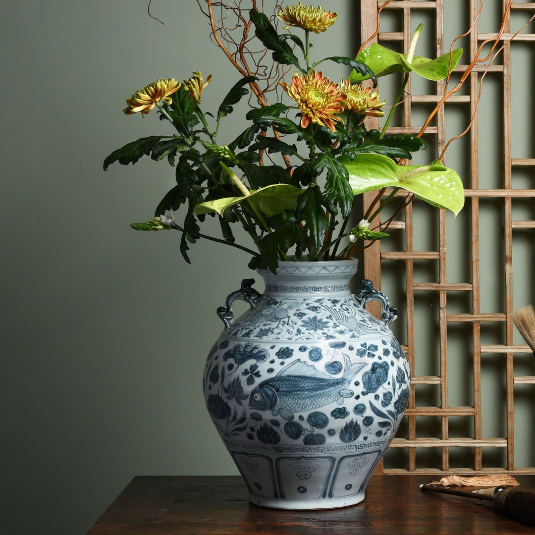 Reproduction Chinese Blue & White Ming Style Fish Vase Wine Jar | Chinese Interior Style | Indigo Antiques