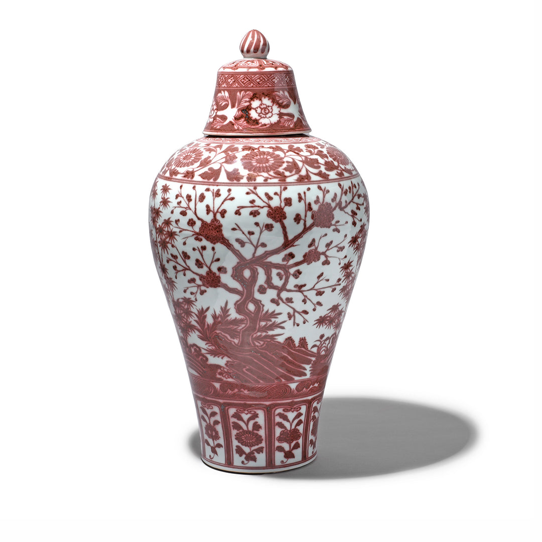Copper Red Porcelain Temple Jar - Four Tree Design | Indigo Antiques