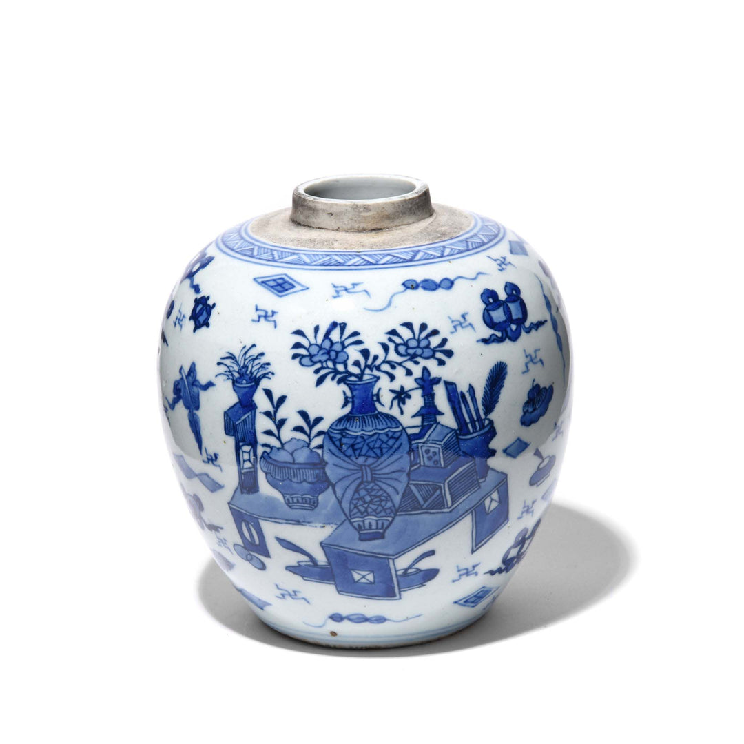 Blue & White Porcelain Ginger Jar - Wise Objects & Swastikas | Indigo Antiques