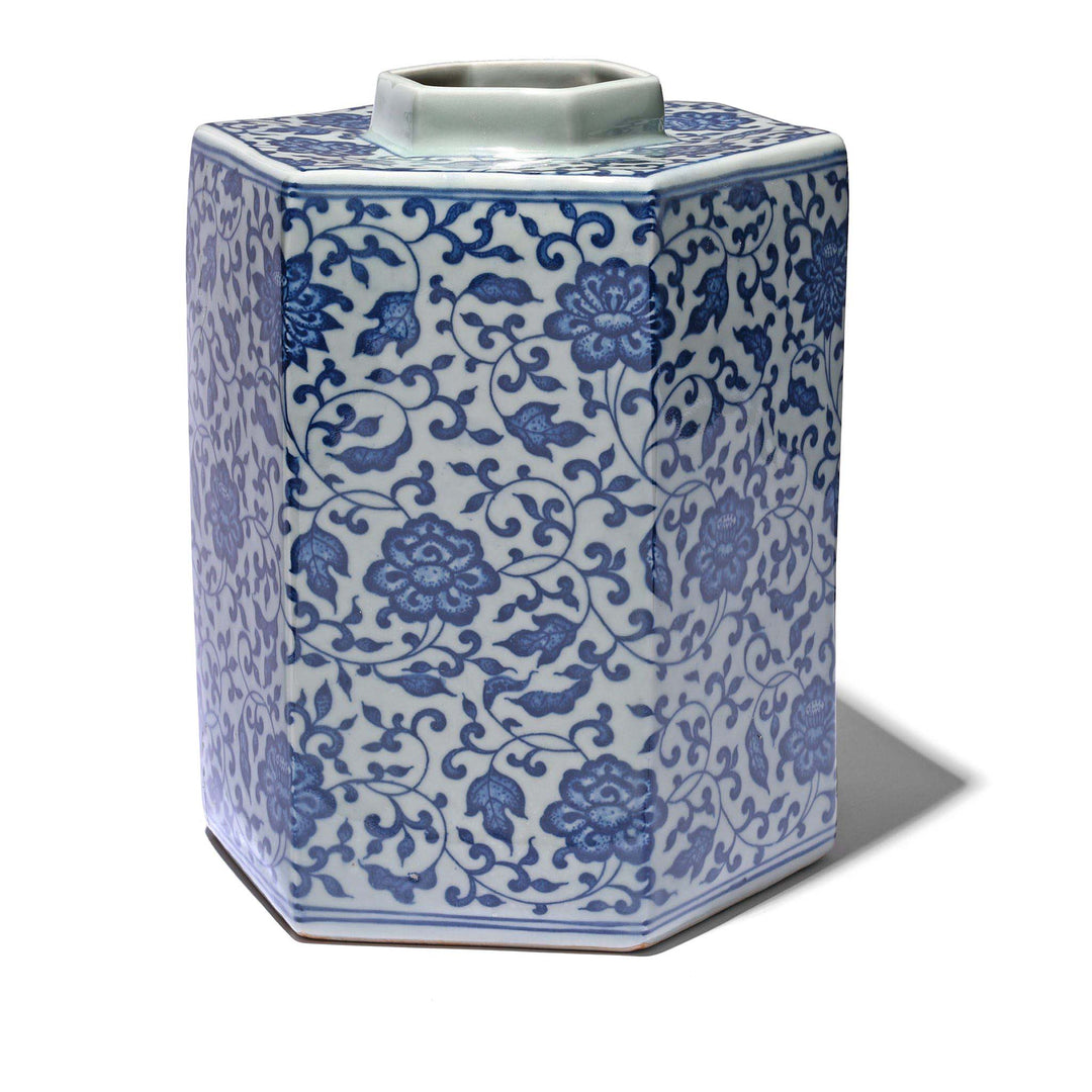Blue & White Porcelain Hexagonal Vase - Peony Design | Indigo Antiques