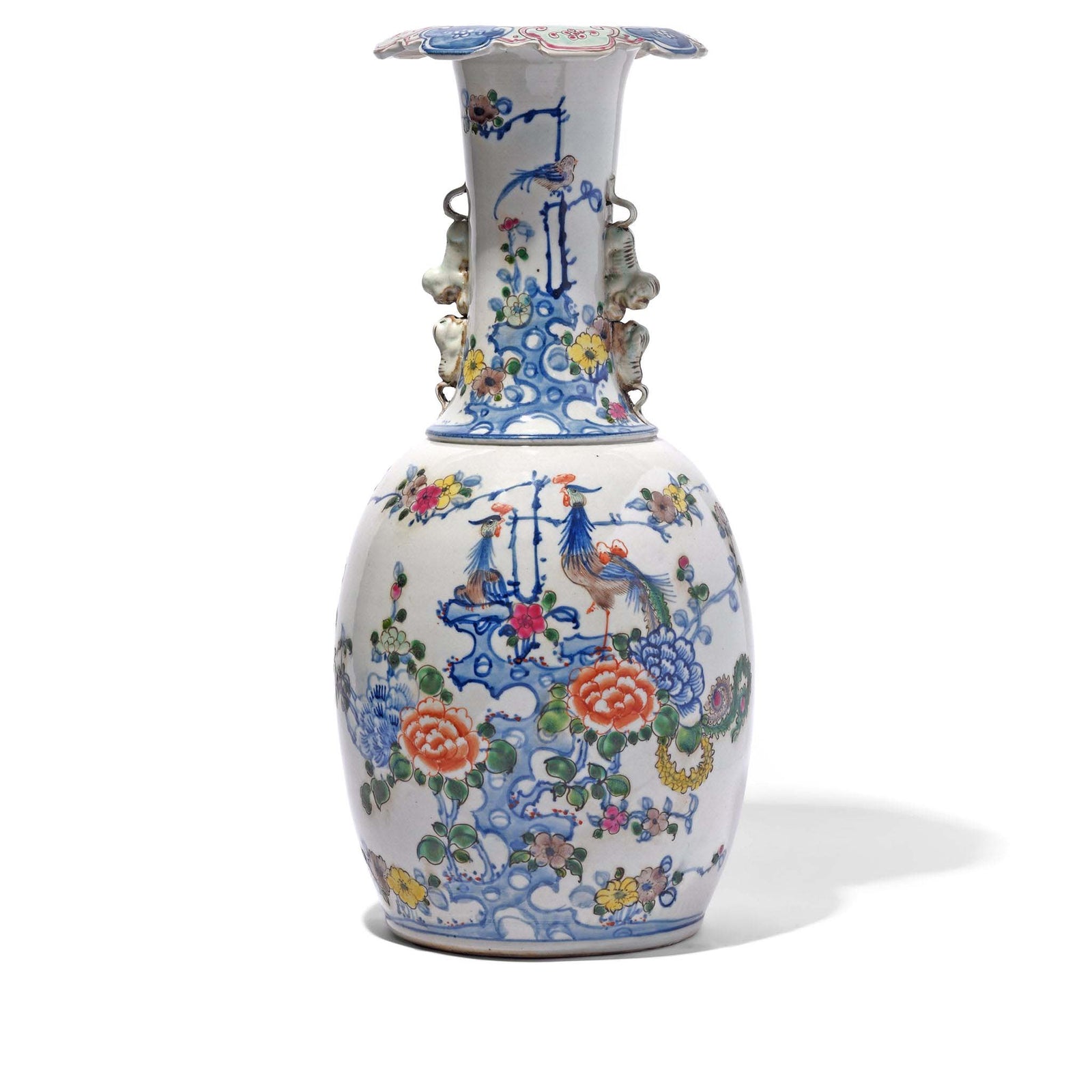 Right Facing Chinese Reproduction Porcelain Liuyeping Vase with peacock and floral design. | Indigo Antiques