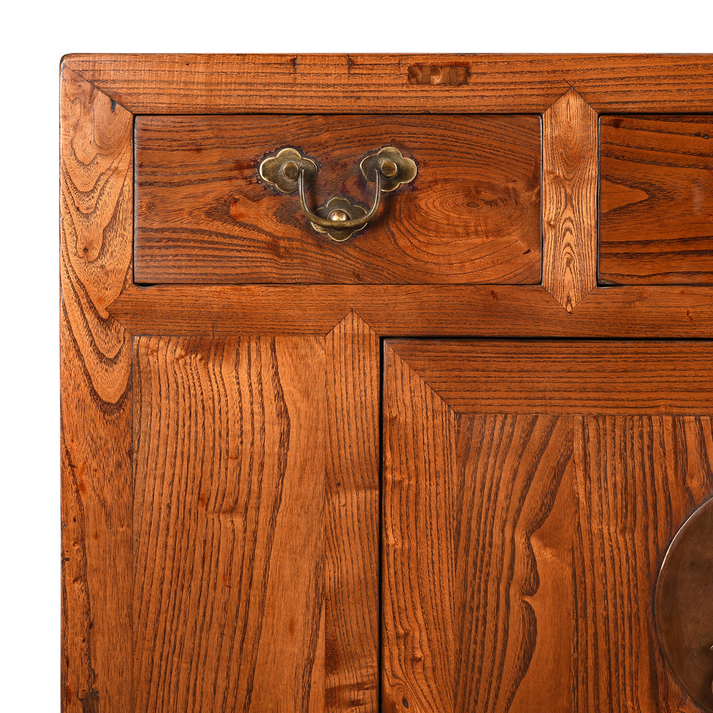 Corner Detail From Antique 3 Drawer Chinese Elm Sideboard From Hebei - 19thC | Indigo Antiques