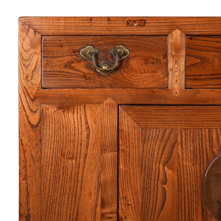 Corner Detail From Antique 3 Drawer Chinese Elm Sideboard From Hebei - 19thC | Indigo Antiques