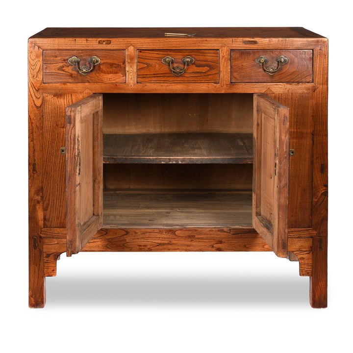 Open Doors view Of Antique 3 Drawer Chinese Elm Sideboard From Hebei - 19thC | Indigo Antiques