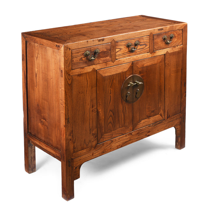 Angled View Of Antique 3 Drawer Chinese Elm Sideboard From Hebei - 19thC | Indigo Antiques