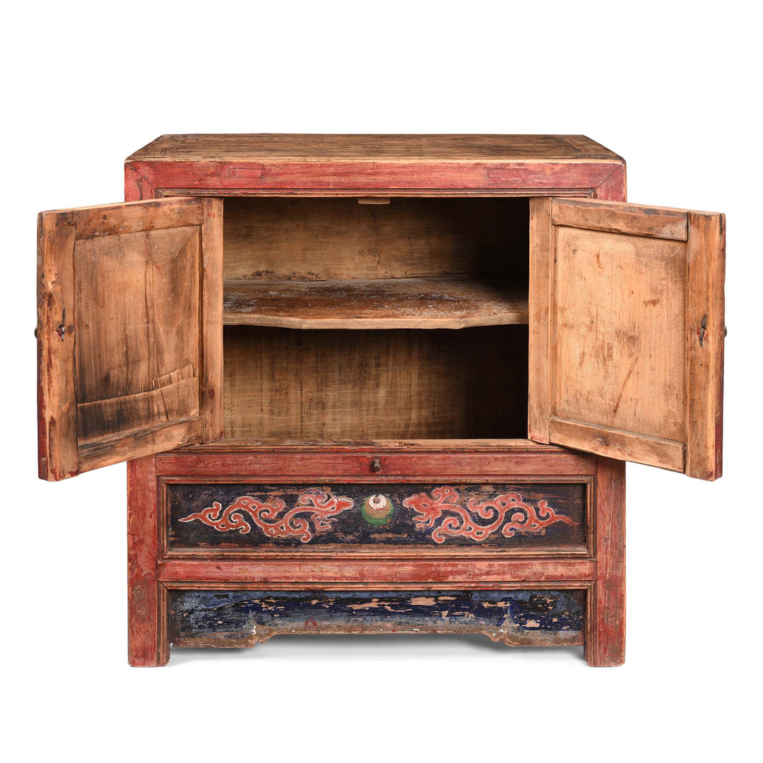 Open Doors View Of V1 Painted Mongolian Side Cabinet - 19thC | Indigo Antiques