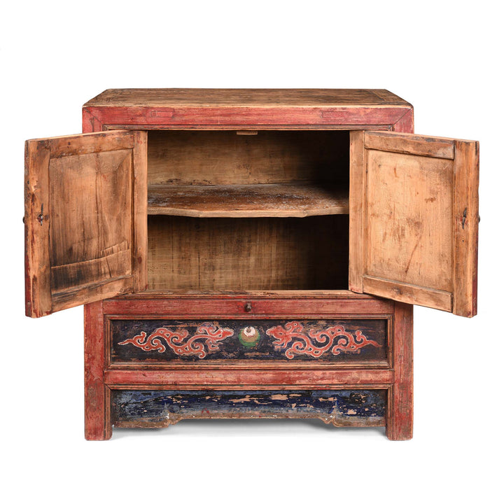 Open Doors View Of V1 Painted Mongolian Side Cabinet - 19thC | Indigo Antiques